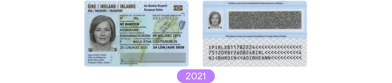 Irish passport card specimen 2021